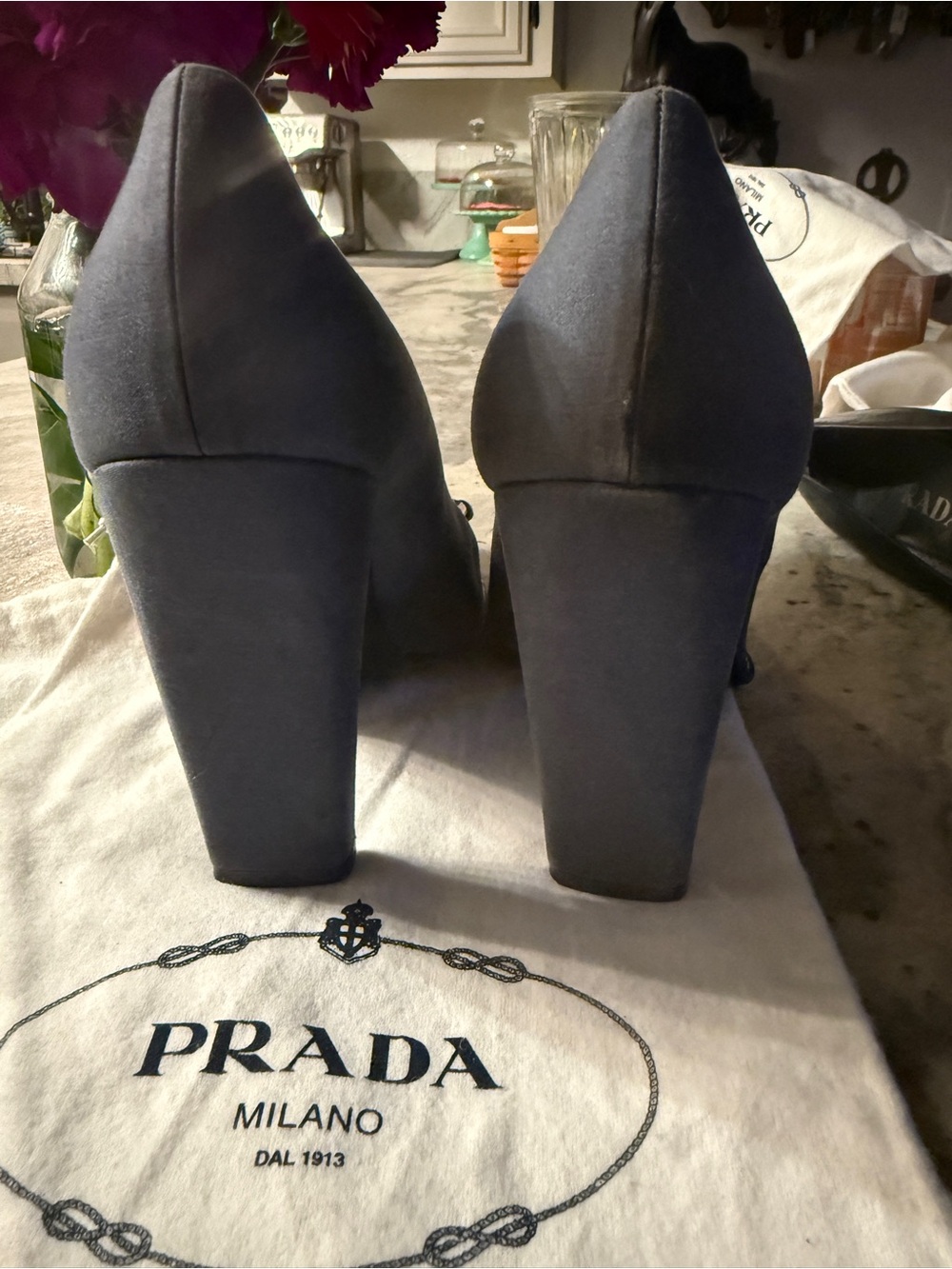 Prada Slate Po de Soie Satin Block-Heel Pumps - Picture 6 of 9